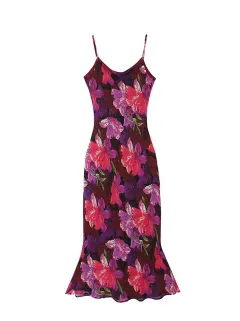 French Lazy Vintage Purple Large Flower Suspended Dress - Purple - View 1