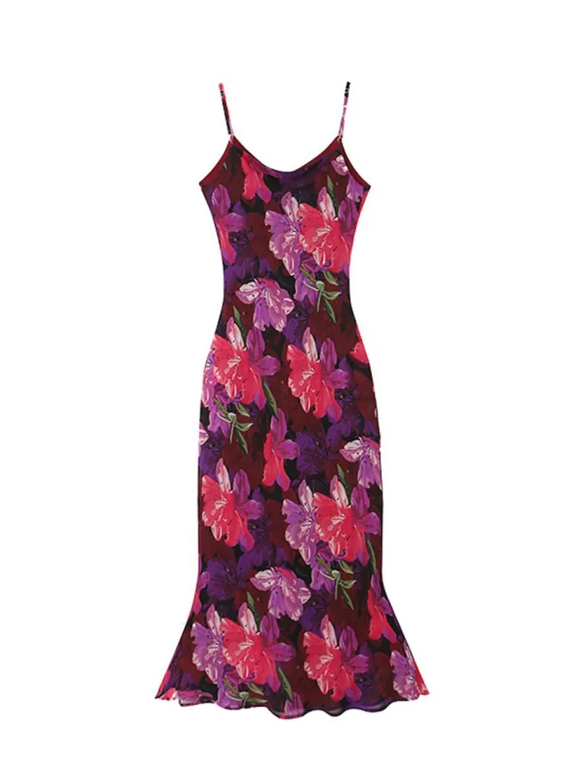 French Lazy Vintage Purple Large Flower Suspended Dress Purple - Shop at LoveMi