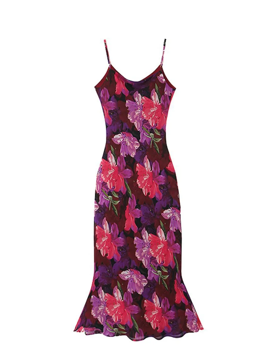 French Lazy Vintage Purple Large Flower Suspended Dress - Purple