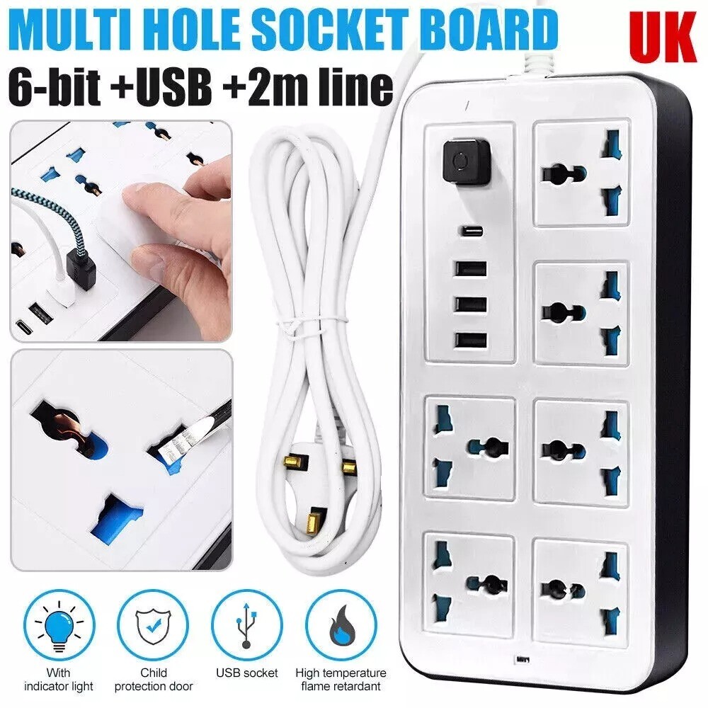 Extension Lead Cable Electric Mains Power 6 Gang 3 USB 1 Type-C Port Plug Socket