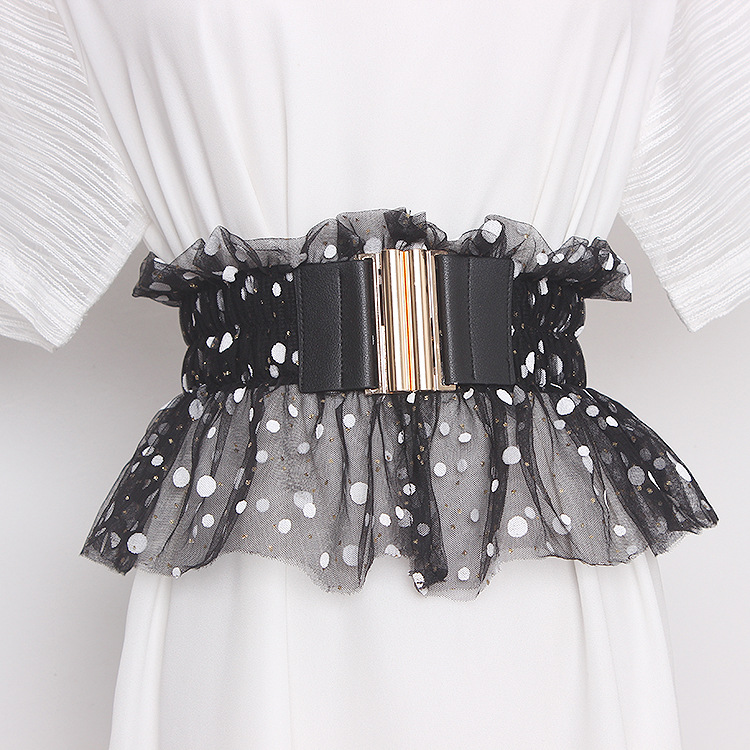 Glitter Polka Dot Mesh Pleated Elastic Waist Metal Double Buckle Wide Belt Girdle