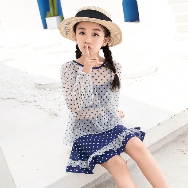 Cute And Sweet Three piece Swimsuit Blue And White Dot Girl - Shop at LoveMi