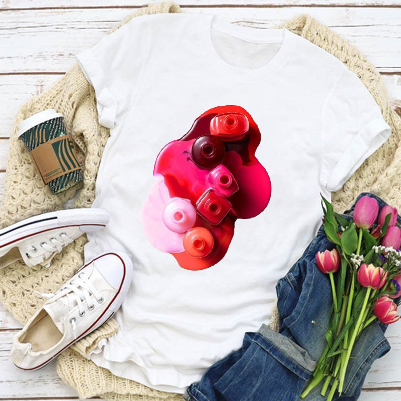 Lipstick And Nail Polish Printed Short sleeved T shirt Women - Shop at LoveMi