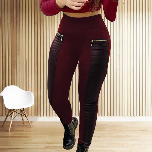 Plus Size Women's Faux Leather Splice Pants With Zip Detail Slim Fit Trousers For Spring&Fall Wine Red - Shop at LoveMi