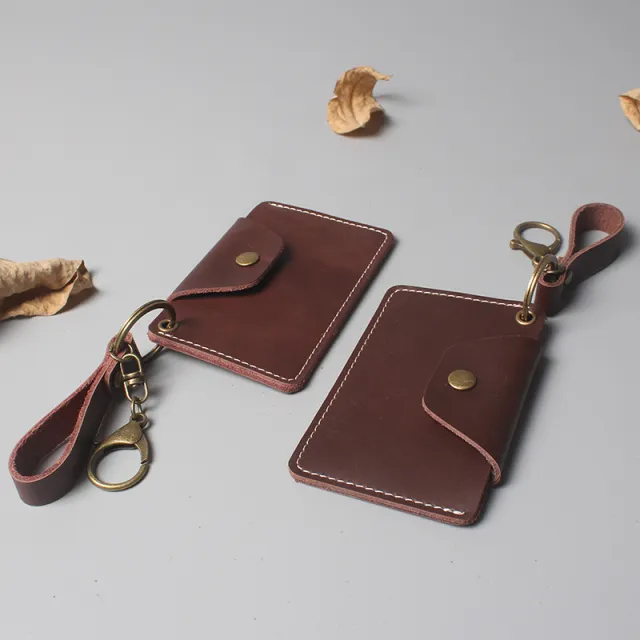 Cowhide Leather Bus Card Holder Small Coin Purse Access Card Holder Brown - Shop at LoveMi