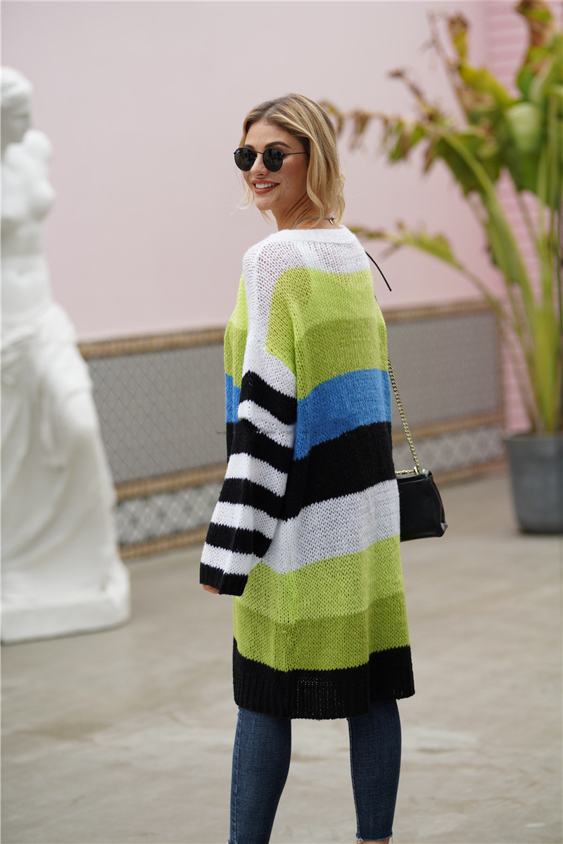 Rainbow Contrast Striped Knit Long Sleeve Cardigan Sweater