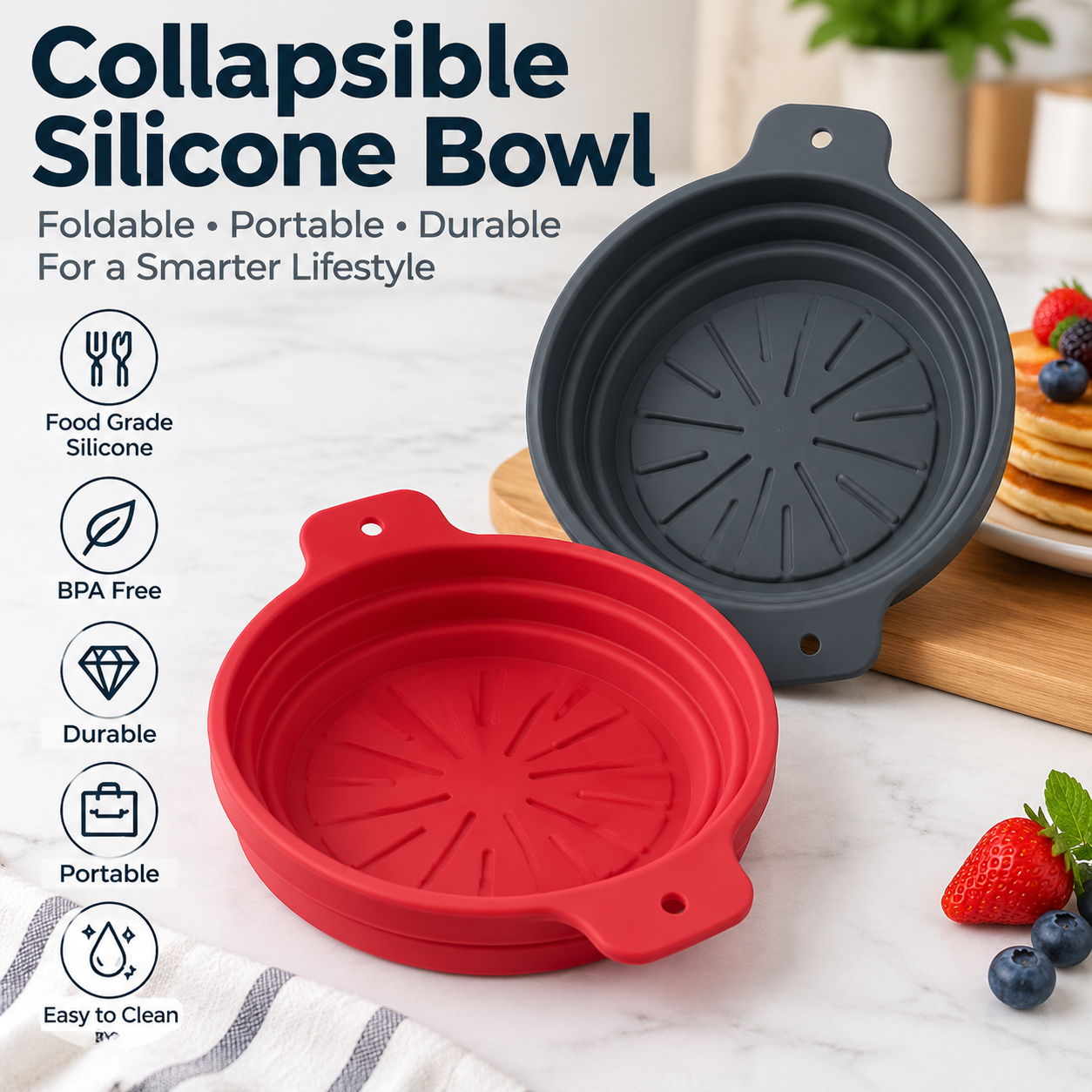Collapsible Silicone Bowl Portable Foldable Food Container Travel Camping Bowl - Default