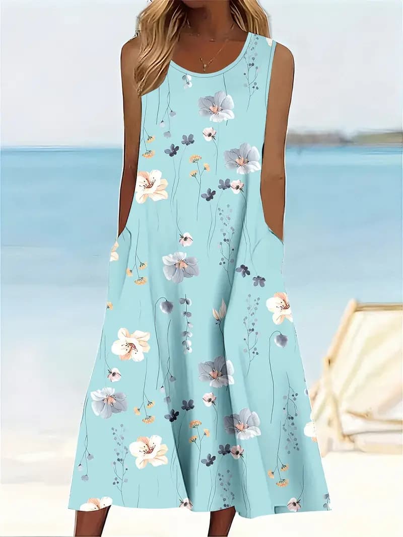 Plus size Floral Print Pocket Sundress, Casual Sleeveless Round Neck Mid length Dress Blue - Shop at LoveMi