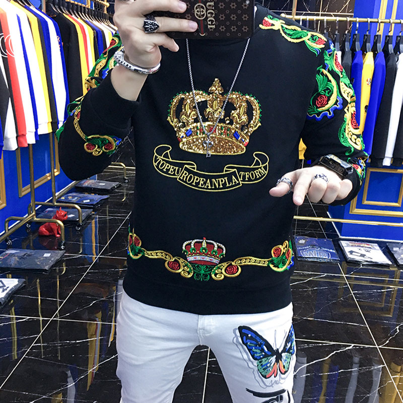 Men's Loose Long-sleeved Shirt Trend Heavy Embroidery Crown Sweater
