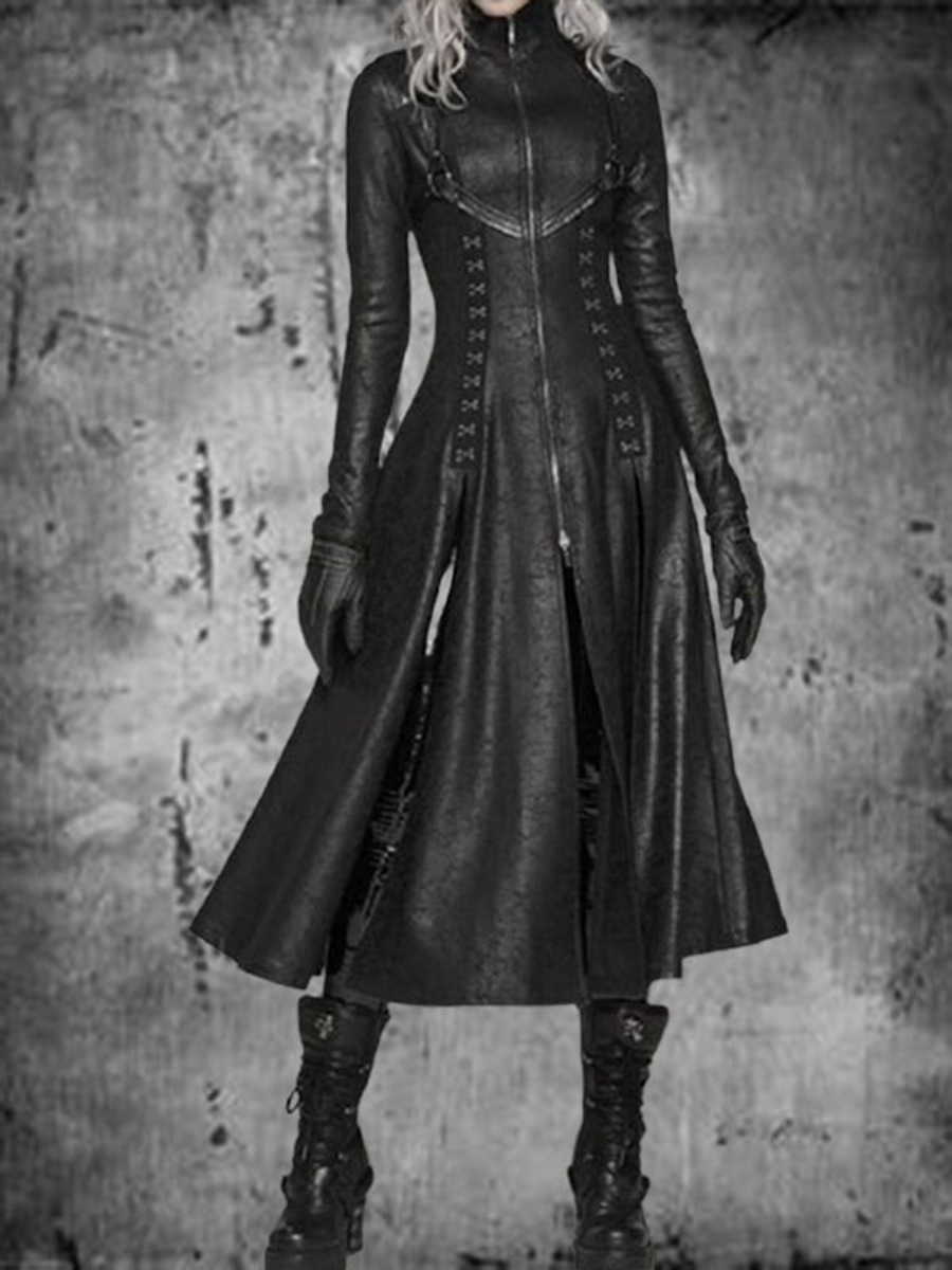 European And American Women's Long Pu Stand Collar Leather Jacket