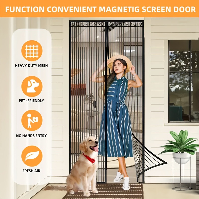 Black Hands-free Magnetic Door Curtain, Breathable And Mosquito-proof For Summer, Self-adhesive With No Tools Needed, Automatic Magnetic Closure, Pet-friendly, Ideal For Living Room, Bedroom, Balcony