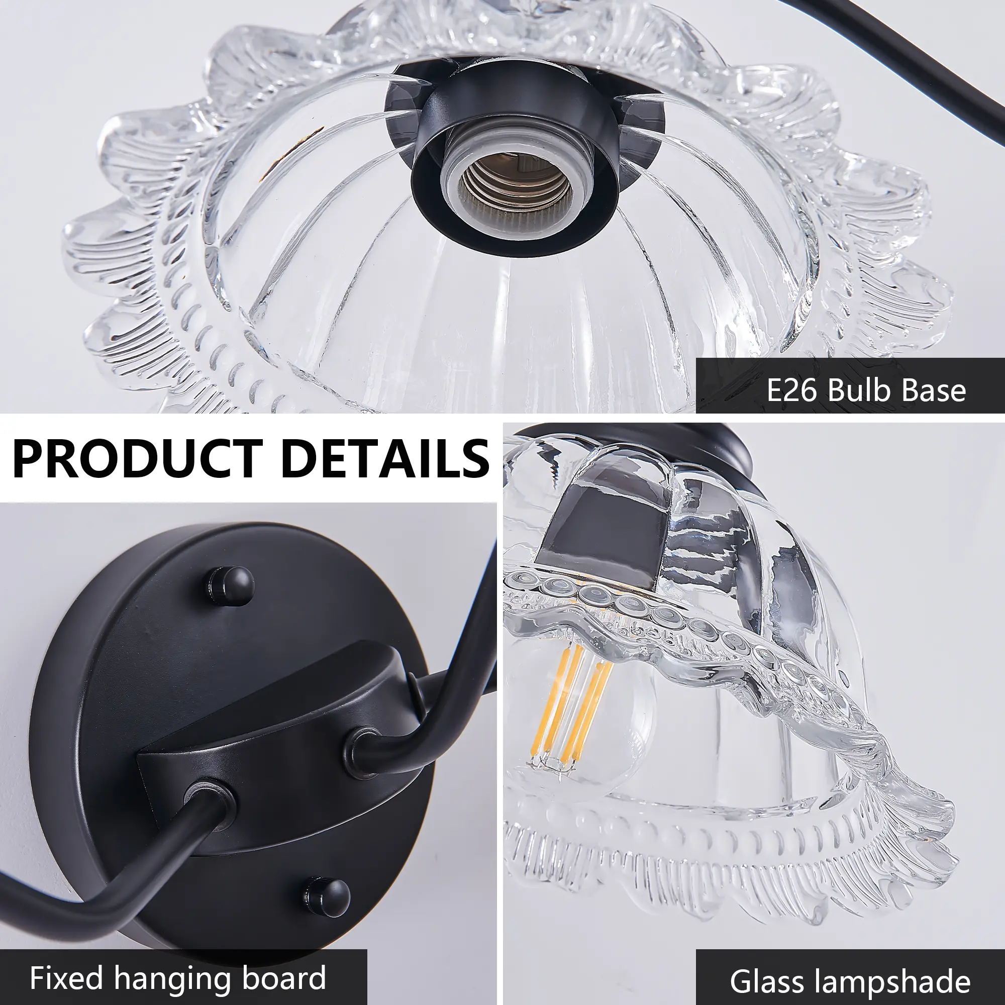 24 Inch 3-Light Vintage Bathroom Wall Sconce Elegant Black Metal And Glass Lampshade Vanity Light Fixture For Bathroom, Hallway, Or Bedroom Bulb Not Included