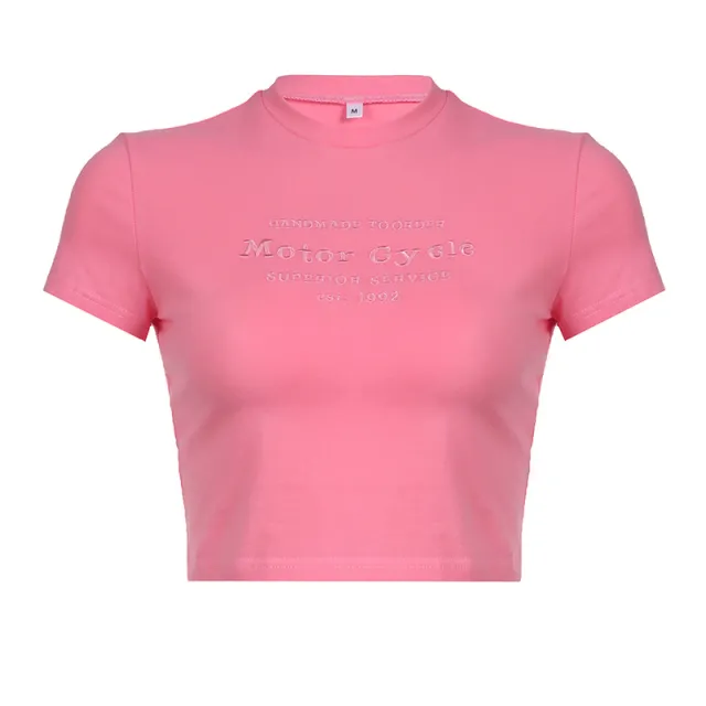 European And American Spicy Girl Style Letter Embroidery Short Sleeve Pink - Shop at LoveMi