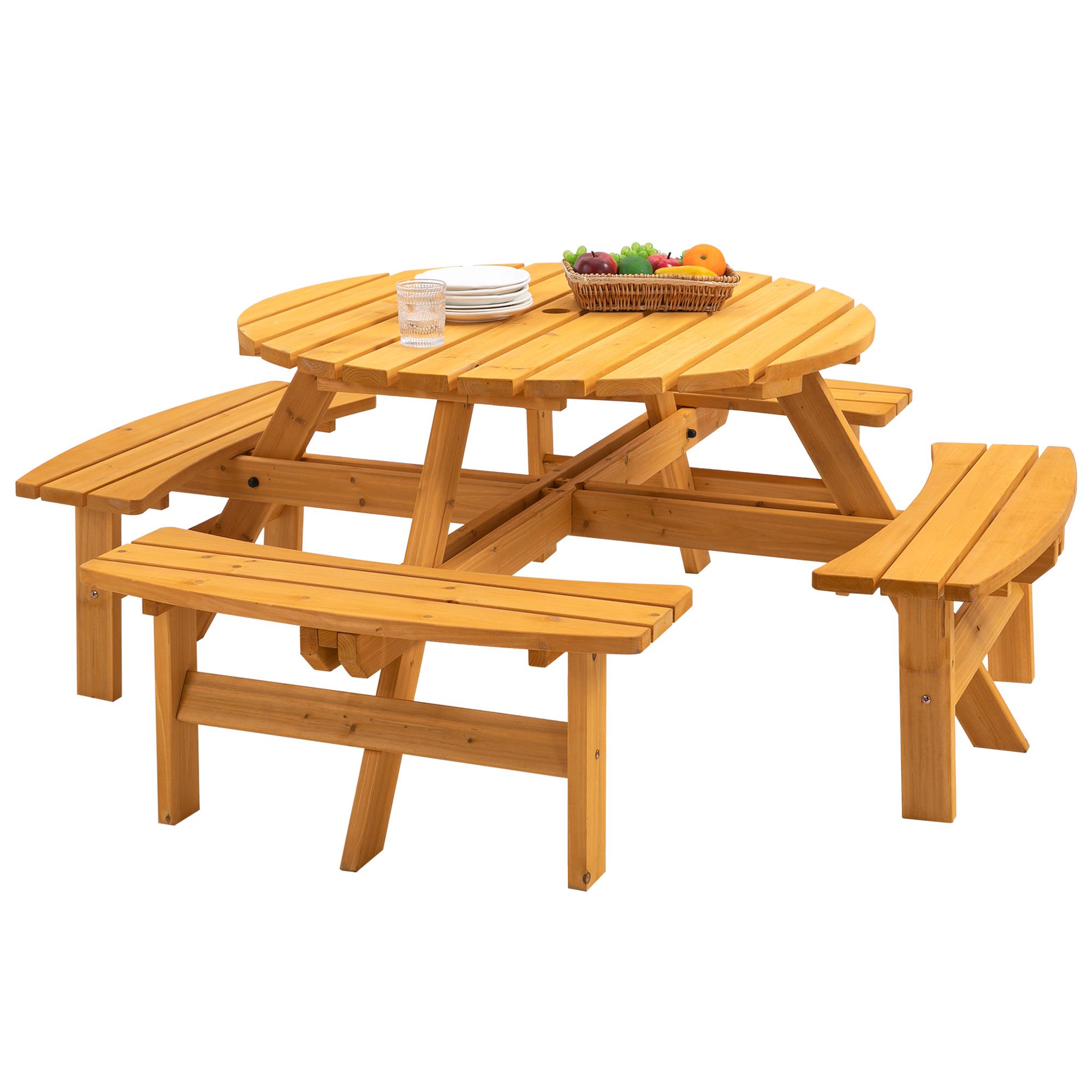 Wooden Picnic Table, Outdoor Camping Table With Seats, With 4 Built-in Benches, - Natural Color