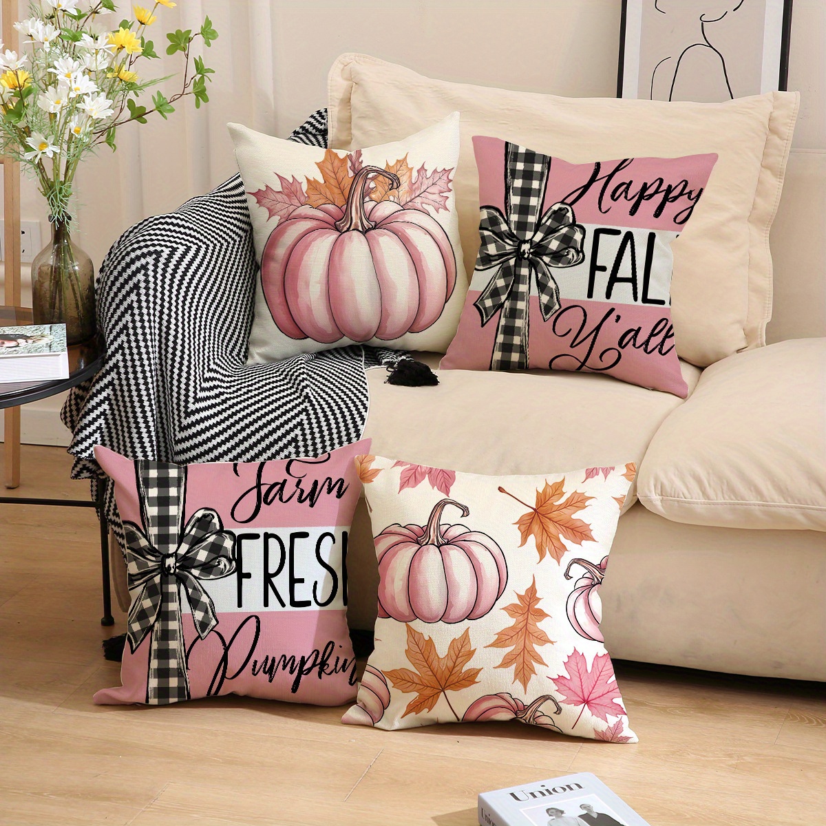 4 Pack Fall Pillow Covers 18x18in Farmhouse Pumpkin Maple Leaf Cushion Case Autumn Sofa Couch Decor For Autumn Thanksgiving Harvest Decorations — view 2