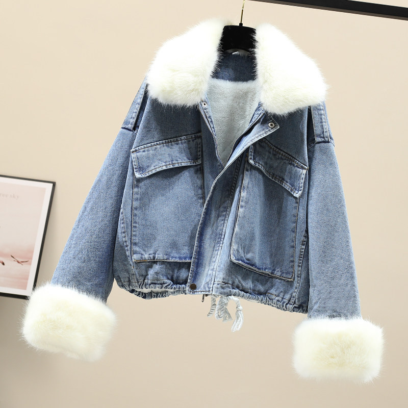 Furry Collar Denim Pie Overcoming Loose Plus Fleece Jacket Women