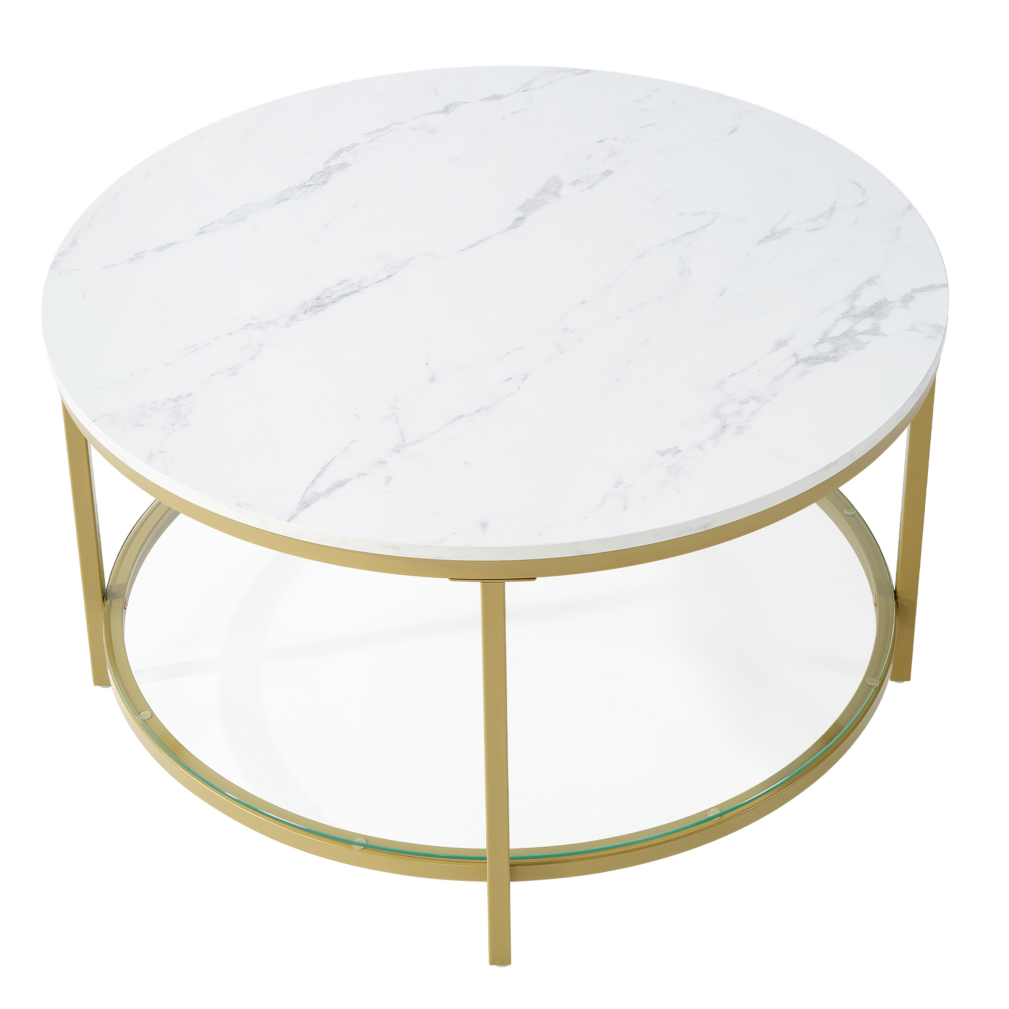 The Living Room Features A Marble Circular Glass Coffee Table, And A Double-layer Circular Transparent Coffee Table With Storage Function.