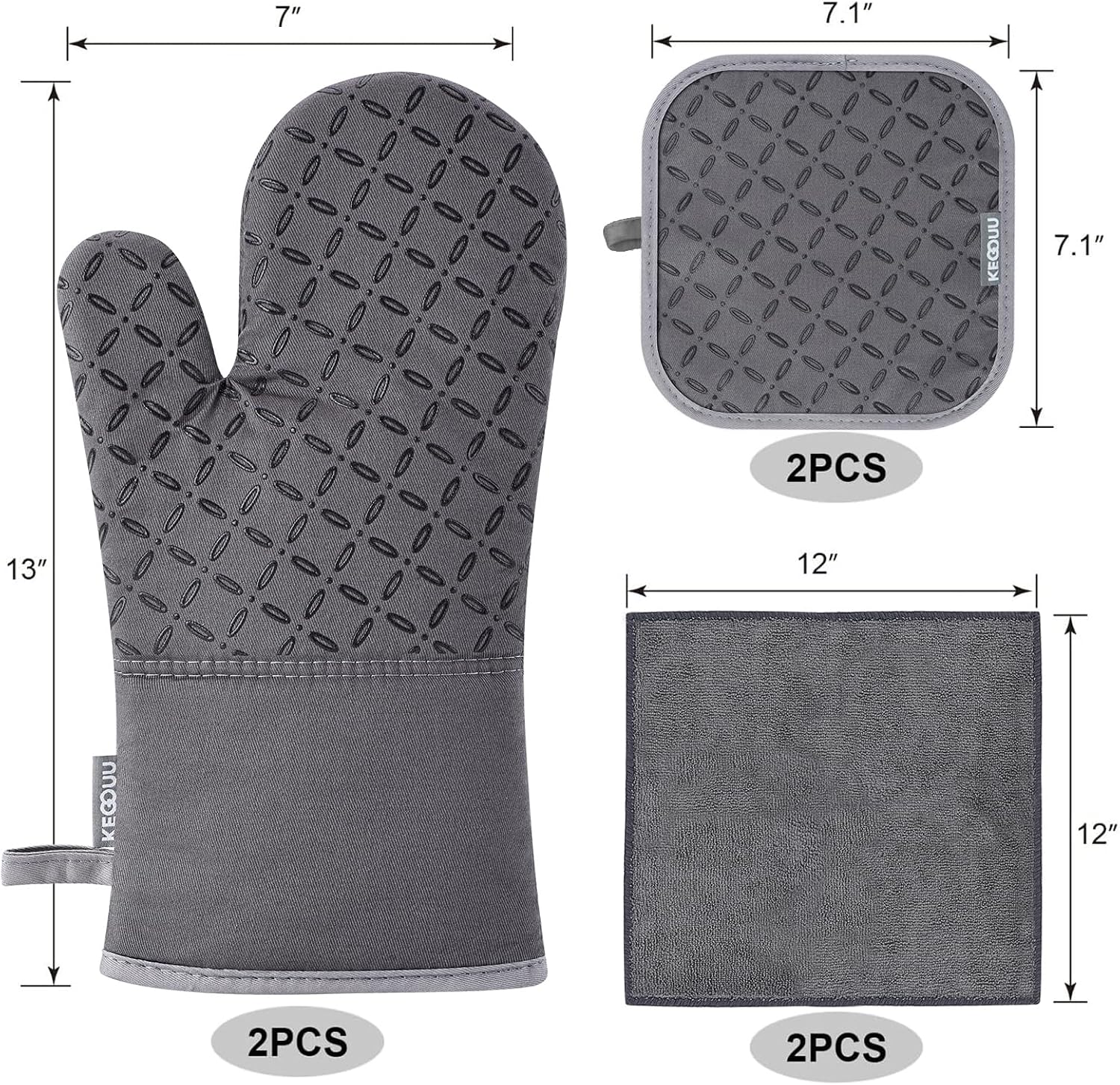 Oven Mitts And Pot Holders 6 PCS, High Heat Resistant Kitchen Gloves Up To 500 Degree With Extra Long Non Slip Silicone Surface, Gray 2