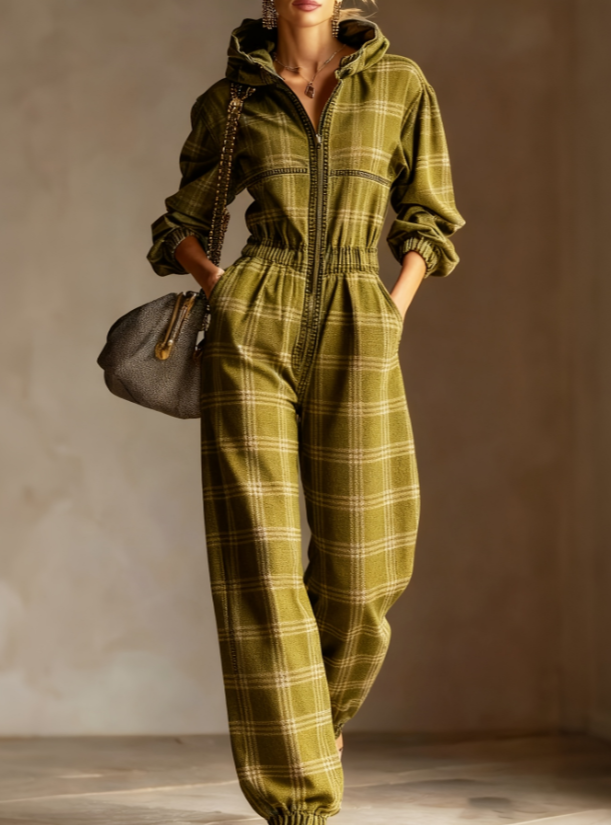 Vintage Plaid Hooded Waist cinched Jumpsuit, Casual Loose Long sleeved Jumpsuit Yellow - Shop at LoveMi