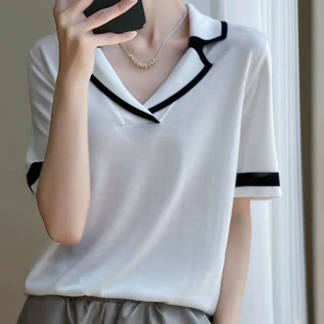 Color Matching Simple Short Sleeved Shirt New Summer Lapel Polo White - Shop at LoveMi