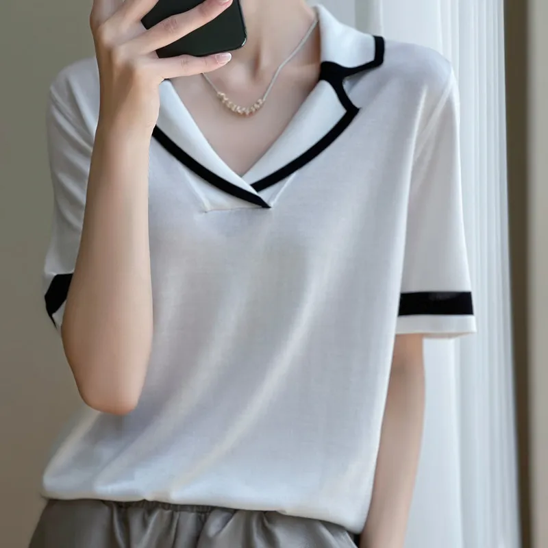 Color Matching Simple Short Sleeved Shirt New Summer Lapel Polo - White