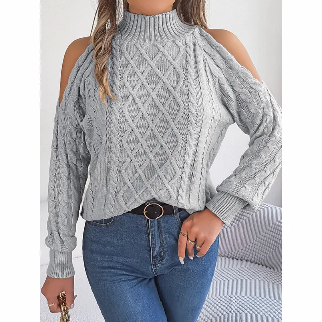 Women's Cold Shoulder Pullover High Neck Long Sleeve Lightweight Sweater Top Gray - Shop at LoveMi