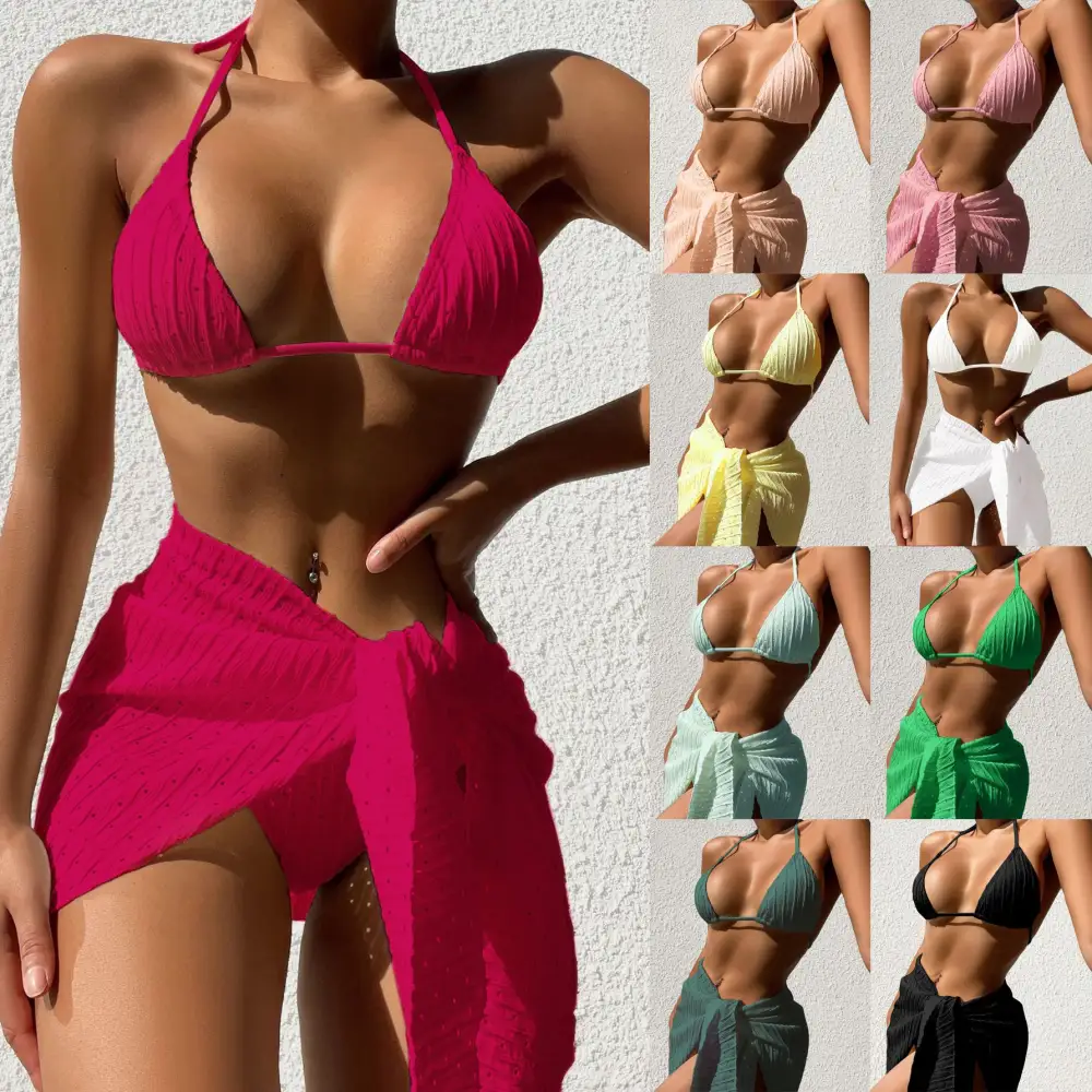 3pcs Halterneck Swimsuit Set Beach Solid Color Sexy Backless