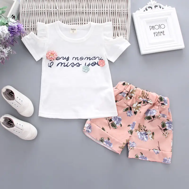 Baby Alphabet Flower Off-shoulder Shorts T-shirt