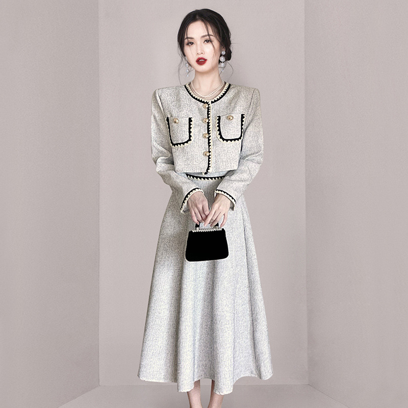 Celebrity Long-sleeved Top  Temperament Fashion Half-body Skirt Two-piece Set Female