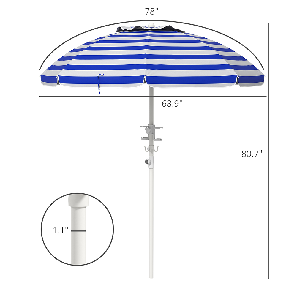 5.7' Beach Umbrella For Travel With Tilt, Adjustable Height, 2 Cup Holders, Hooks, Vent, Ruffles, Blue Stripe, Sapphire Blue