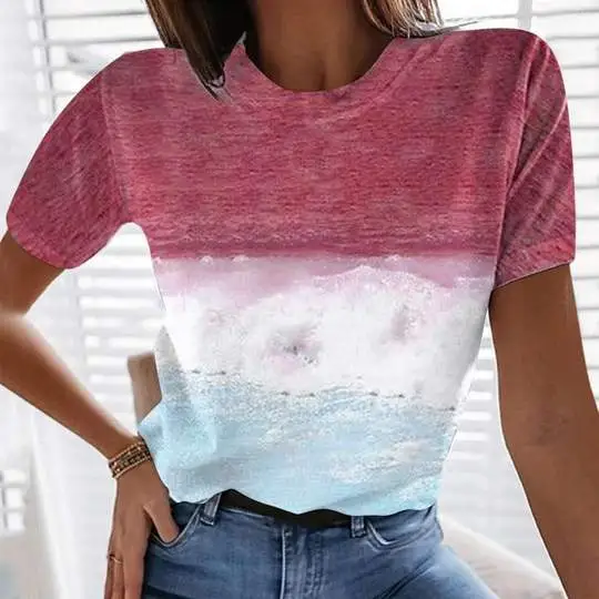 Women's New Marine Landscape Print Crew Neck T Shirt Red - Shop at LoveMi