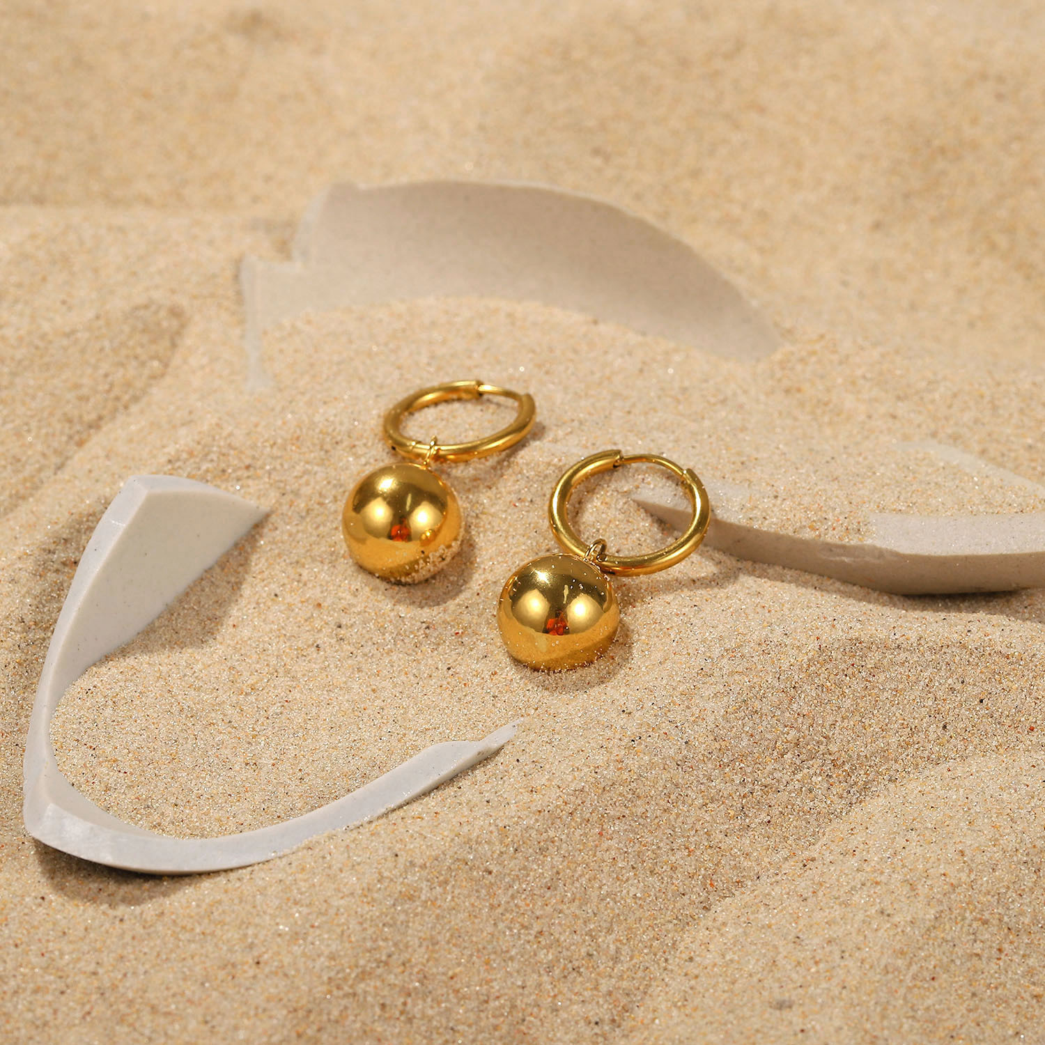 INS Fashion 18K Gold Stainless Steel Golden Ball Pendant Earrings
