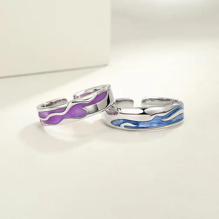 Pink Blue Lake Couple Sterling Silver Ring Pair Of Niche Design Light Luxury Student Male And Female Simple Opening Adjustable Ring