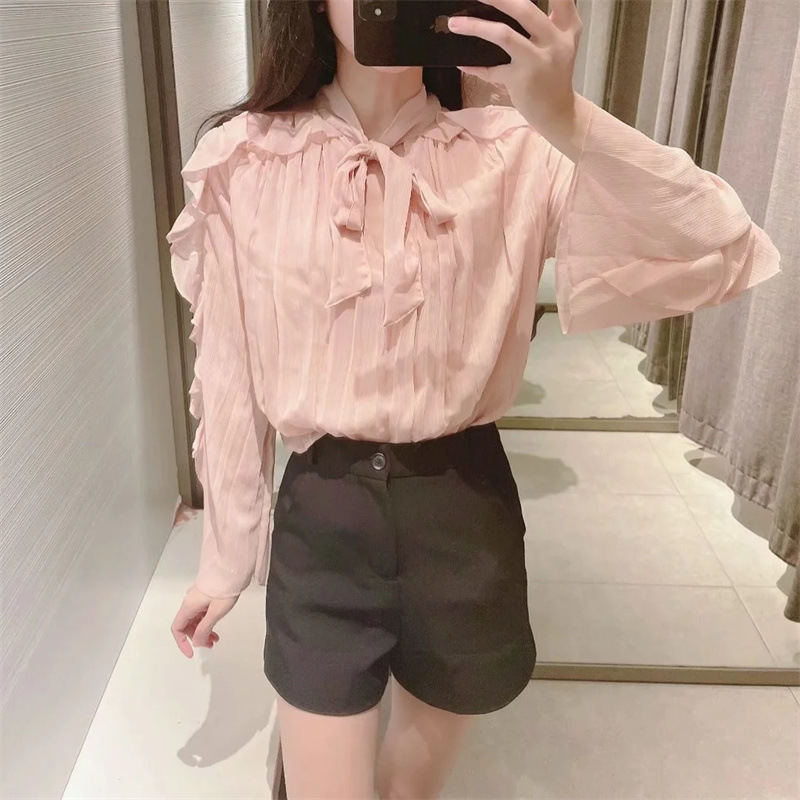 V-neck Long-sleeved Chiffon Shirt With Bow