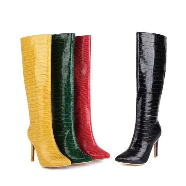European And American Foreign Trade Hot Style Stone Grain Microfiber Pointed toe Shoes Stiletto Heels Not Knee high Black - Shop at LoveMi