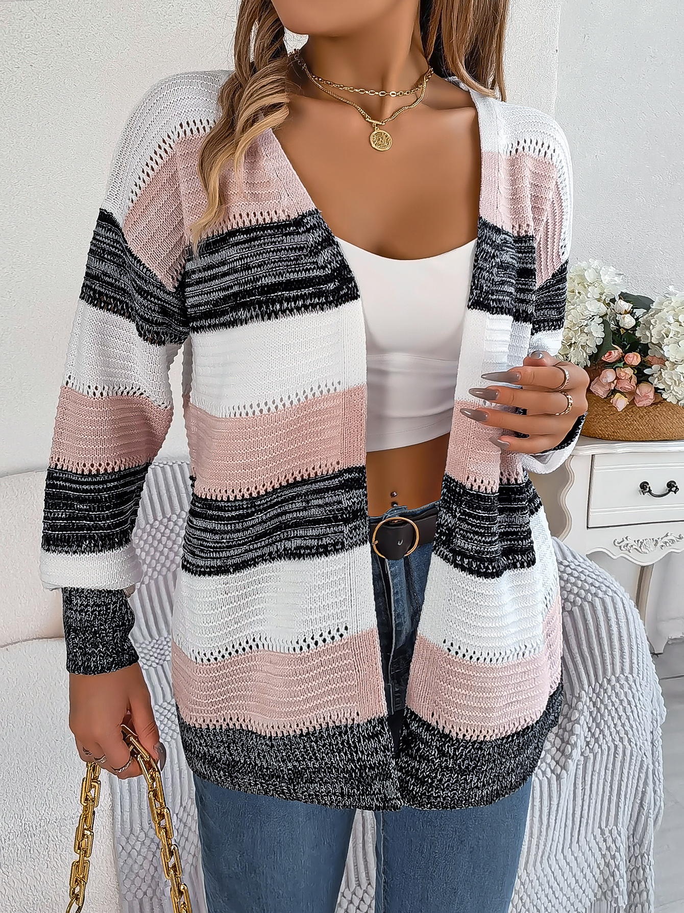 Women Casual Color Block Stripe Lantern Sleeve Cardigan Sweater Coat Koalakits36