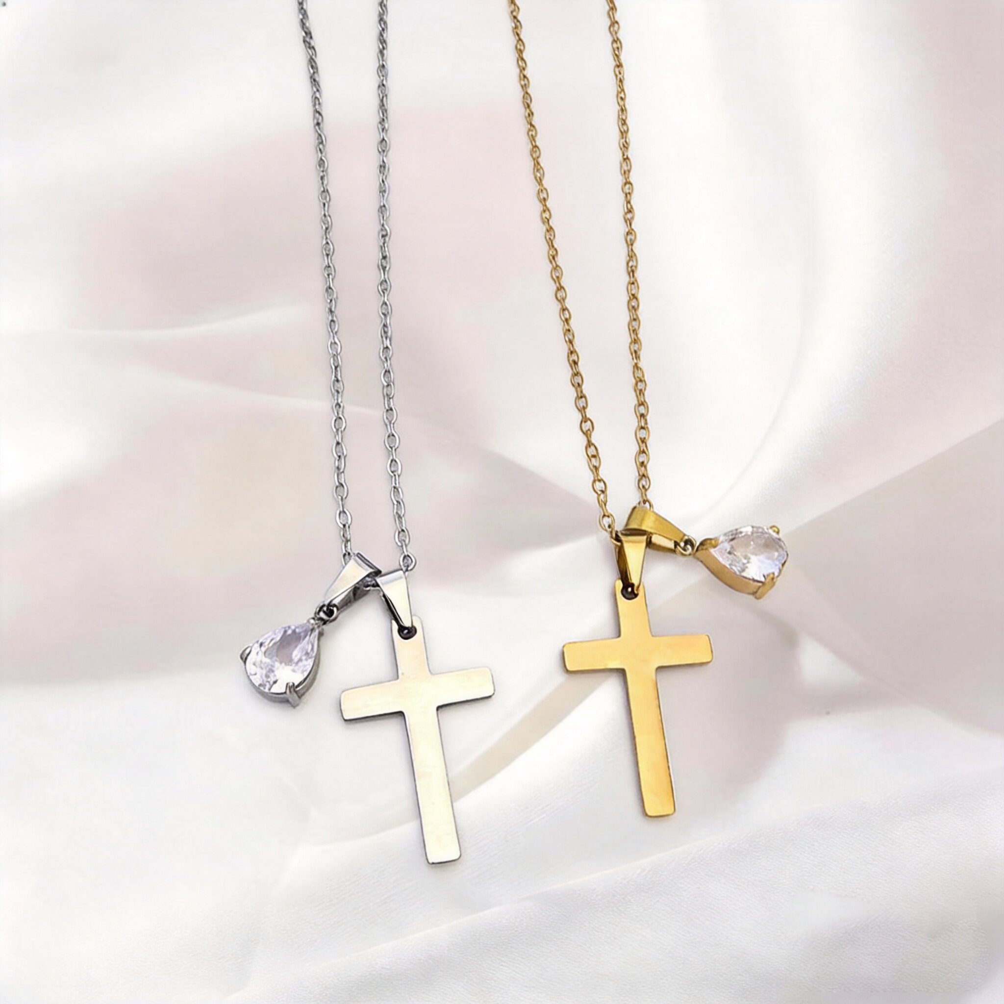 Stainless Steel Cross Rhinestone Pendant Necklace, Simple Polished Cross Clavicle Chain, European And American Religious Belief Accessory