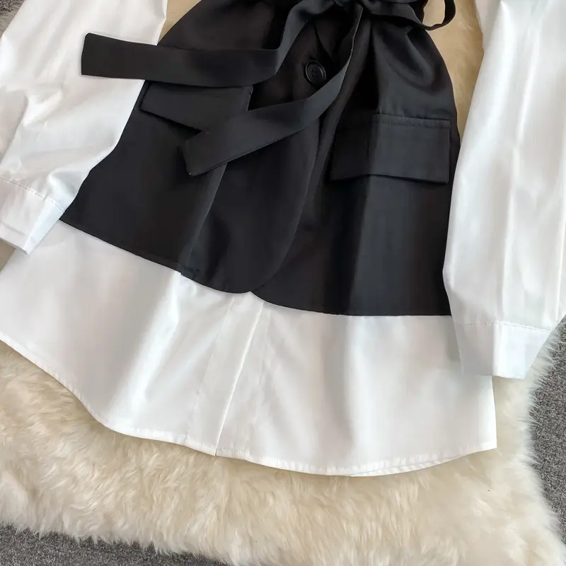 Women's Sleeve Waist Shirt Tie Lapel Dress
