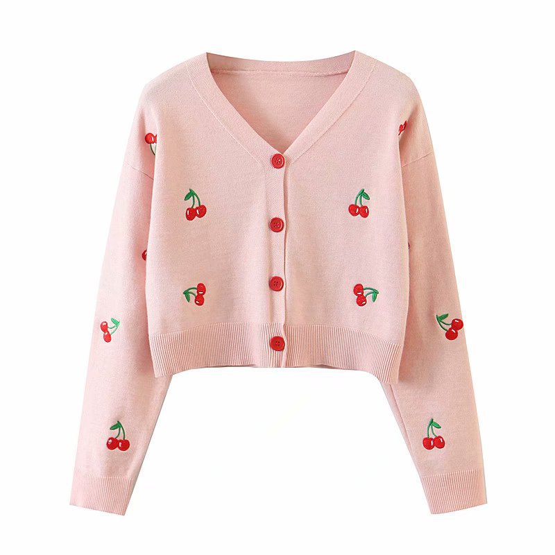 Title 1, Long sleeve V-neck Straight Cherry Embroidered ...