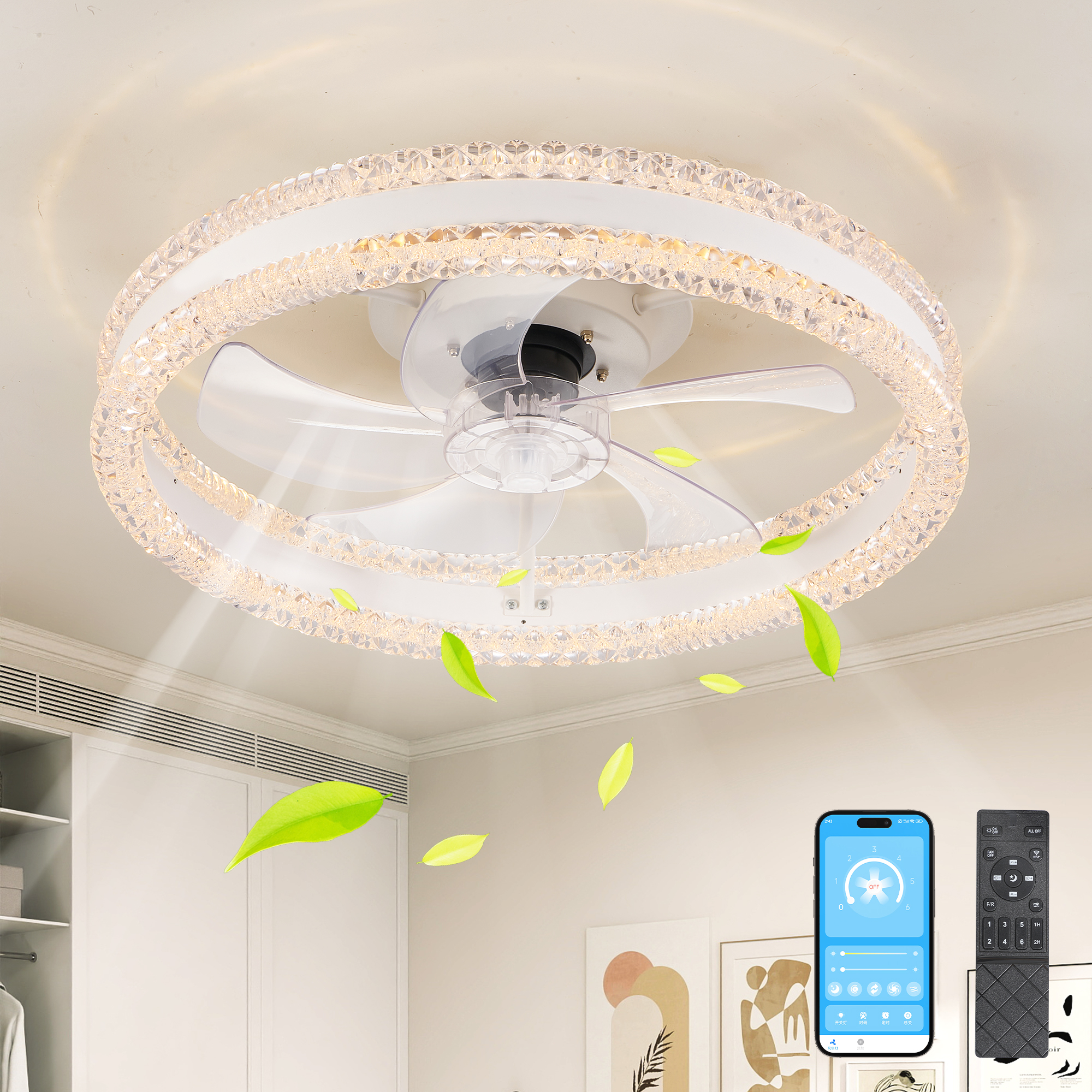 20 Luxury Double Ring LED Ceiling Fan With Light  Modern Flush Mount Design, Hidden Blades, Dimmable Lighting & Remote Control, Low Profile Silent Fan For Bedroom, Living Room White