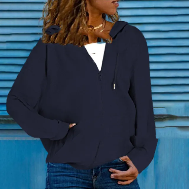 Loose Pocket Zipper Solid Color Hooded Sweater Cardigan Navy Blue - Shop at LoveMi