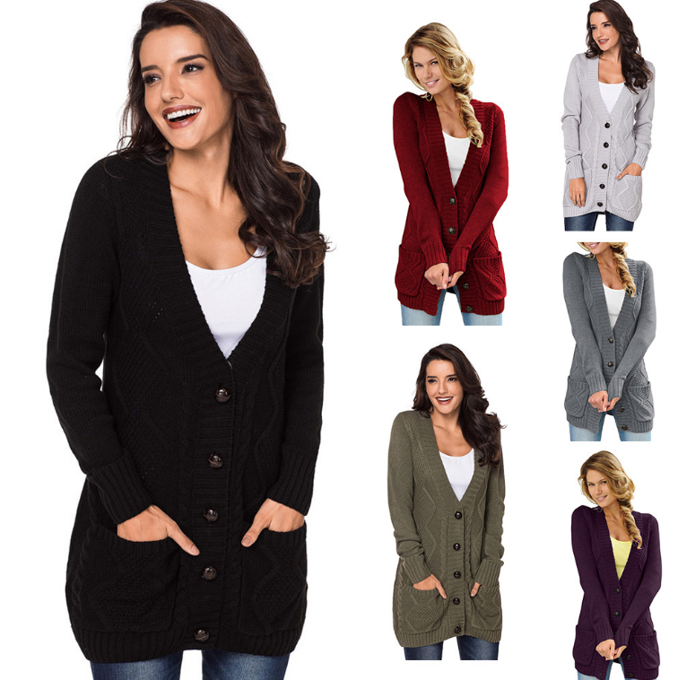 V-neck Single-breasted Long-sleeved Knitted Sweater