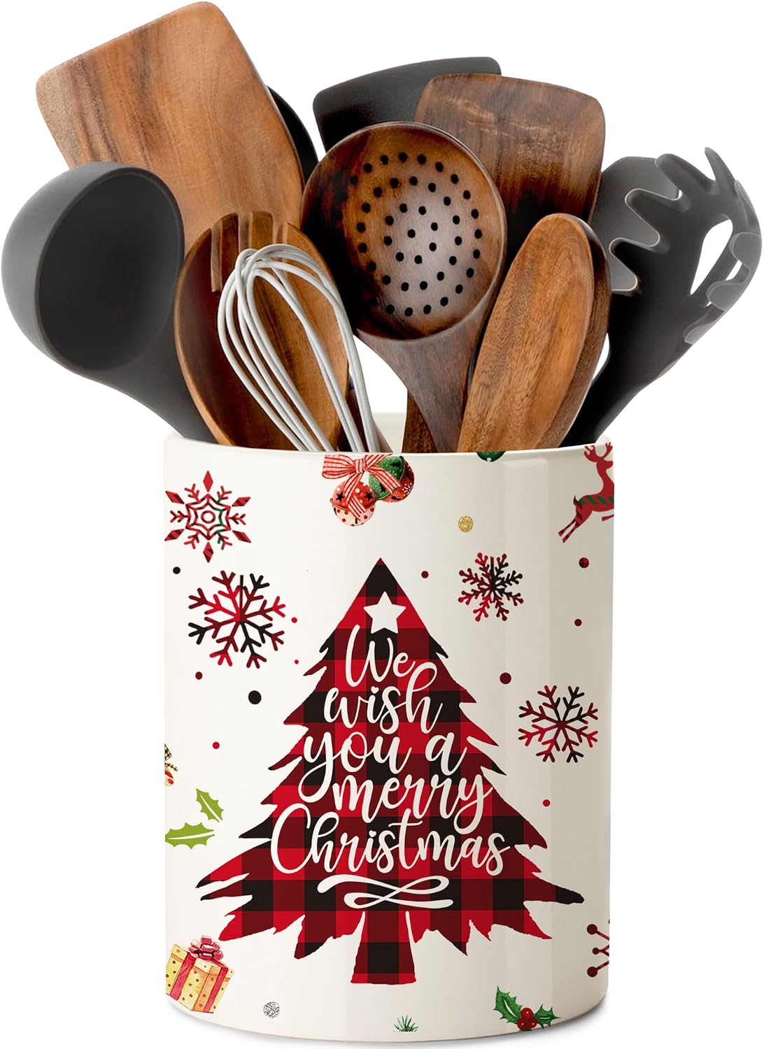 Christmas Kitchen Decor, Christmas Tree Ceramic Utensil Holder, Festive Countertop Organizer For Spoons, Forks, Spatulas & Tools