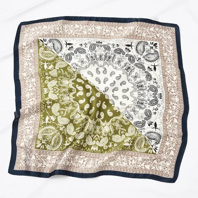 Retro Square Block Cashew Small Silk Scarf Green - Shop at LoveMi