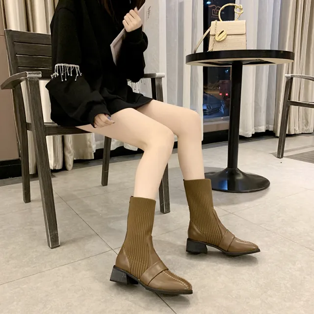 British Style Square Toe Mid tube Knitted Martin Boots Women Brown - Shop at LoveMi