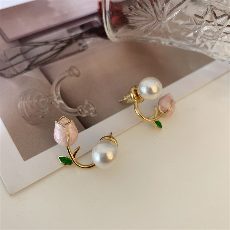 S925 Silver Needle Tulip Pearl Stud Earrings