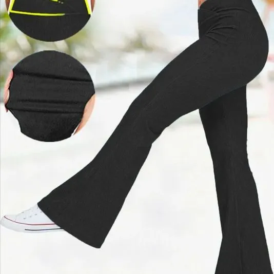 Solid Color High Waist Cross Stretch Denim Casual Sports Bell bottom Pants Black - Shop at LoveMi