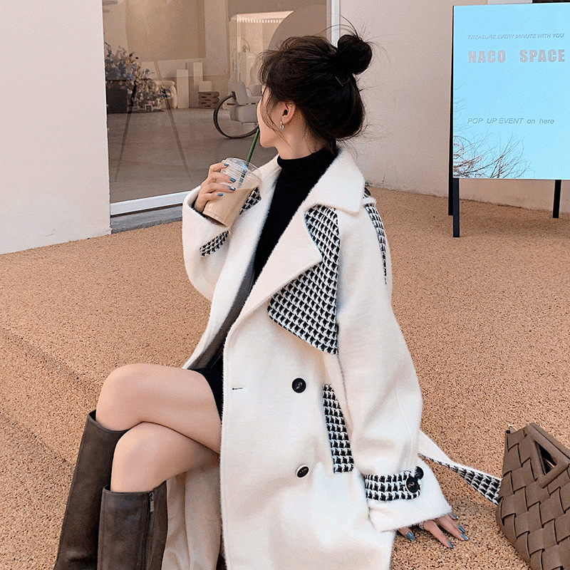 Women's Stitching Mid-length College Wind Woolen Coat