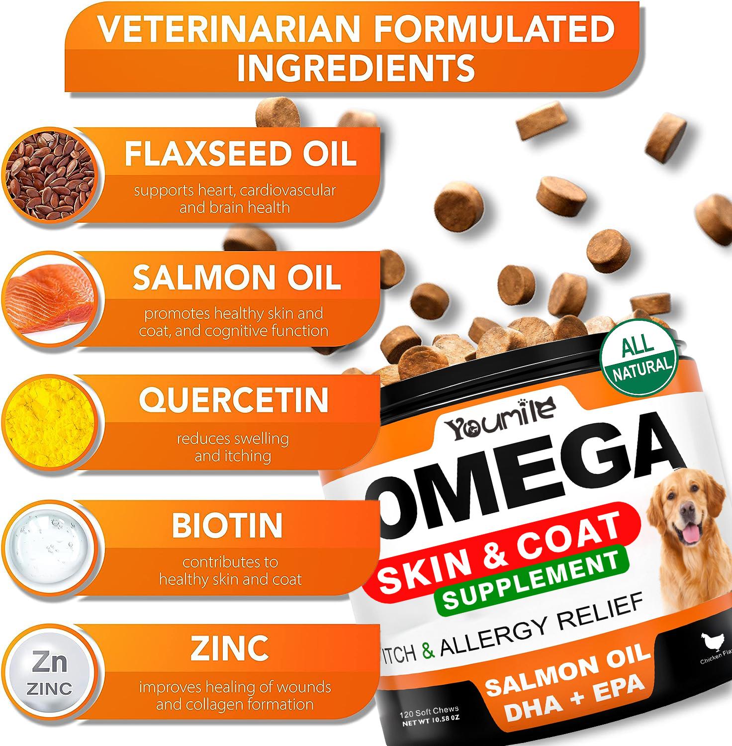 Youmile Omega 3 For Dogs - 120Ct  Fish Oil Treats - Allergy & Itch Relief Skin & Coat Supplement - Dry Itchy Skin, Anti Shedding & Hot Spots Treatment - Pet Salmon Oil Chews - Chicken Flavor Dog  Vit