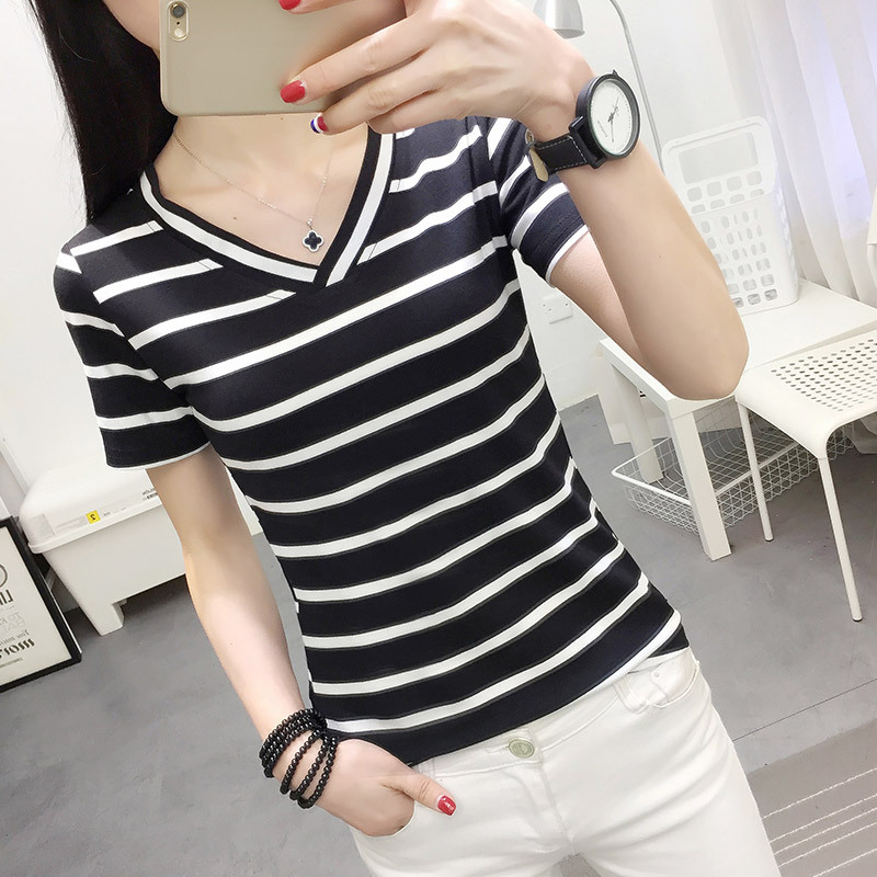 Title 6, Black And White Striped V-neck Short-sleeved Wo...